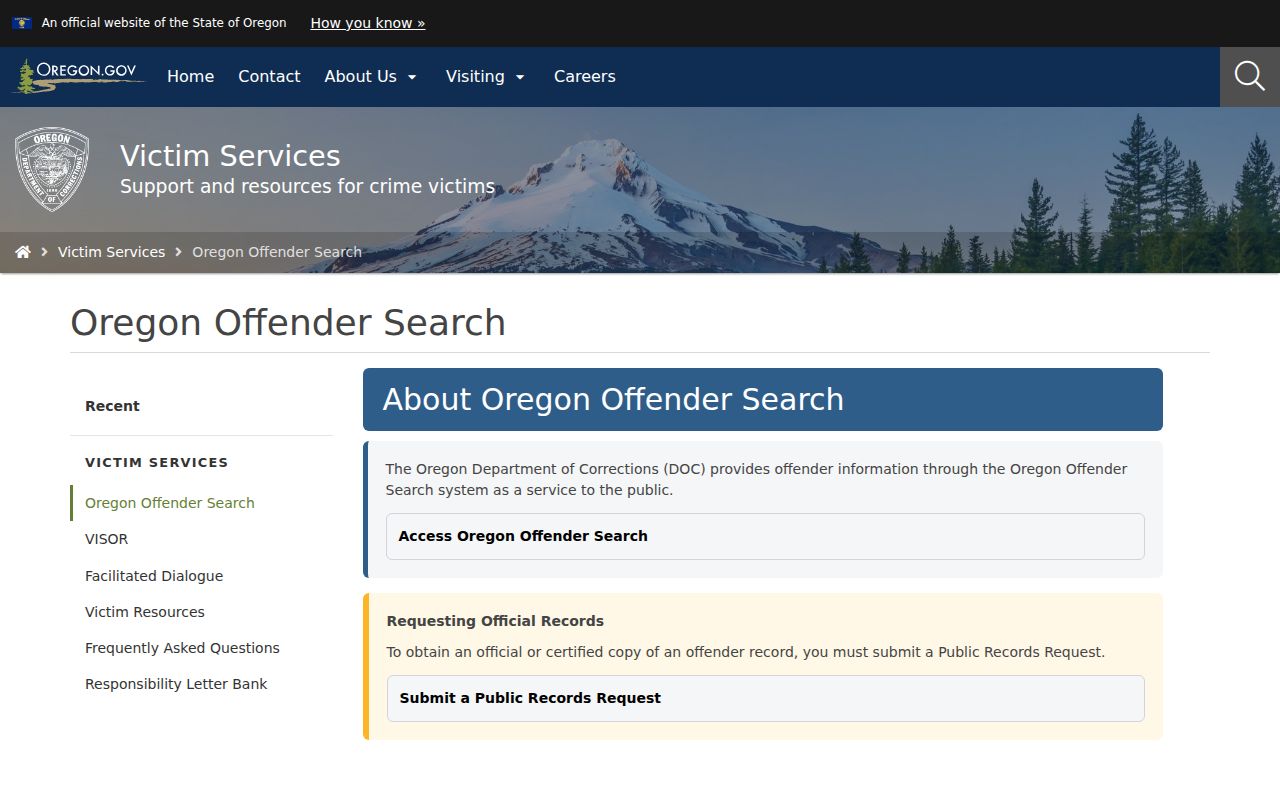 Oregon Department of Corrections Offender Search information