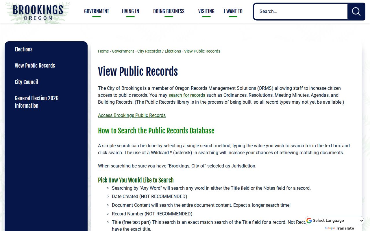 Brookings criminal records ORMS document search controls
