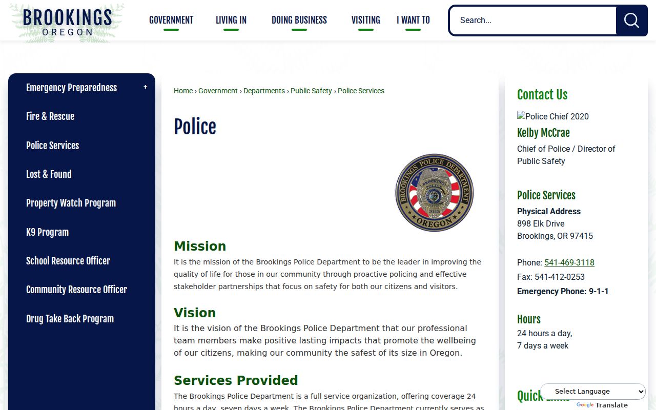 Brookings criminal records Police Department contact page