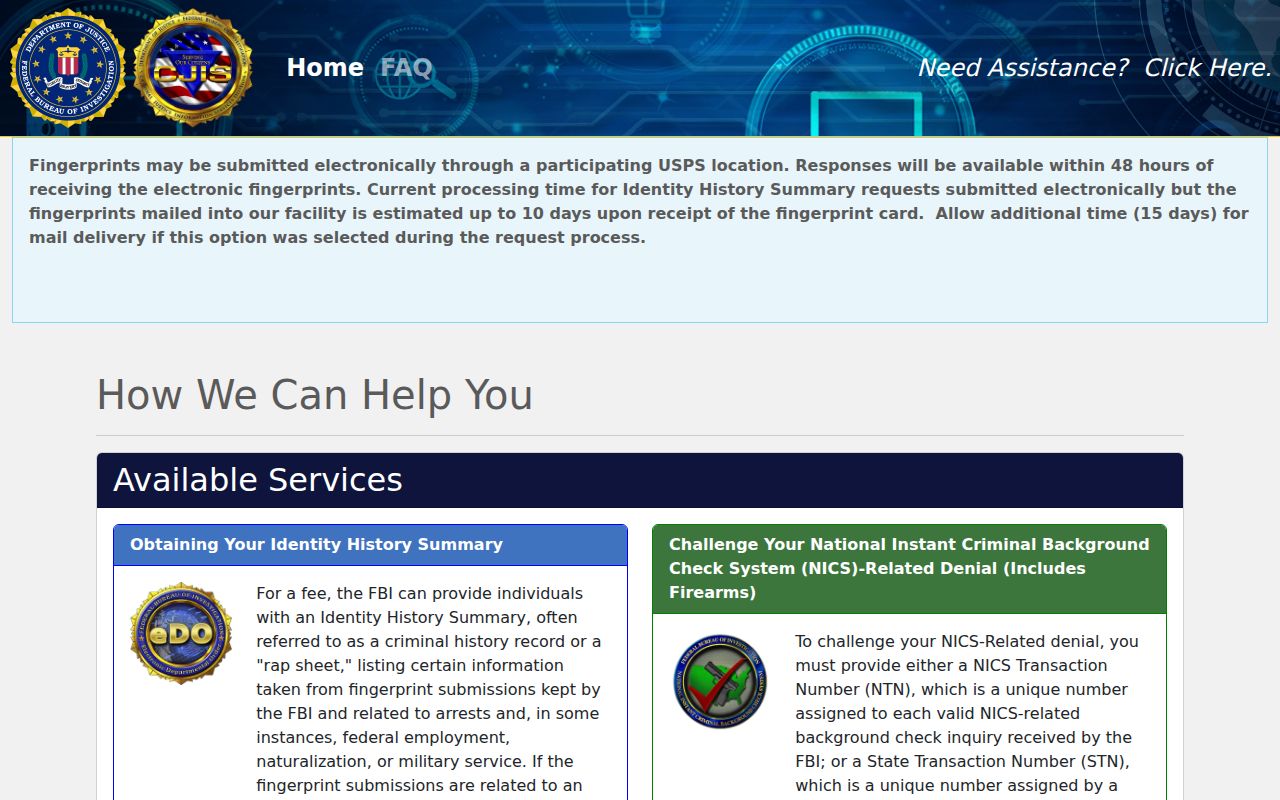 FBI eDO identity history summary request interface