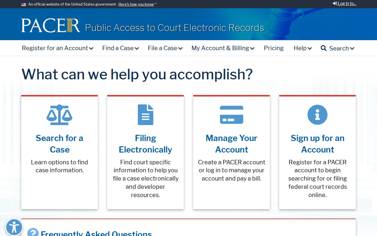 PACER federal court case access page