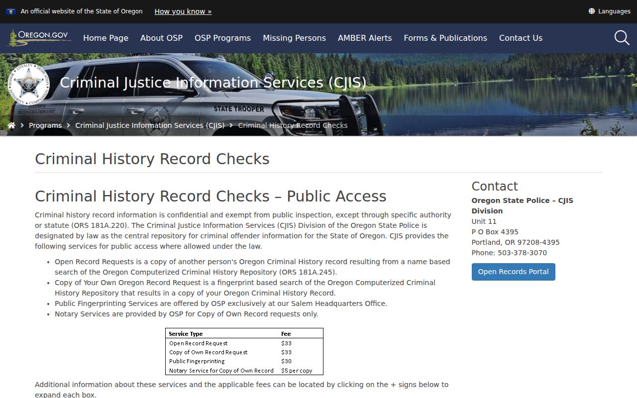 Oregon State Police criminal history product choices