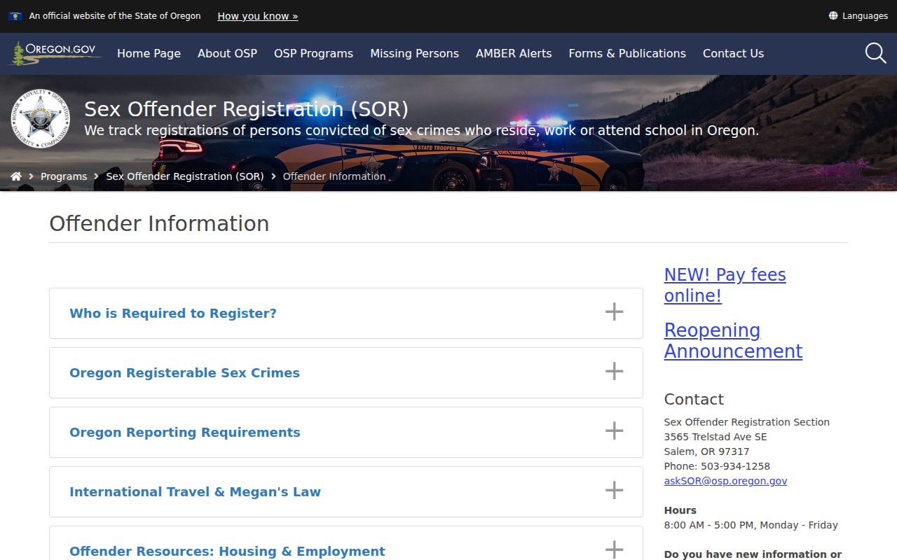 Oregon State Police sex offender registration information page